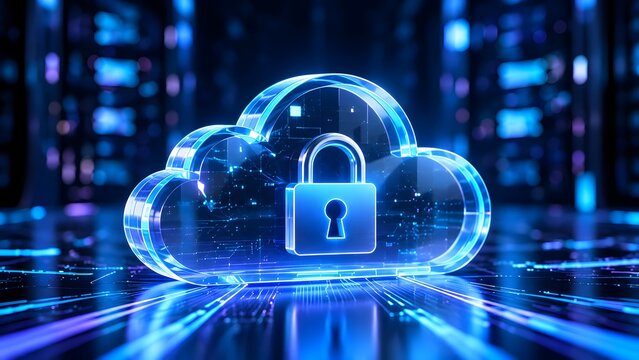Glowing transparent cloud symbol with padlock for secure cloud computing data storage and network cybersecurity concepts