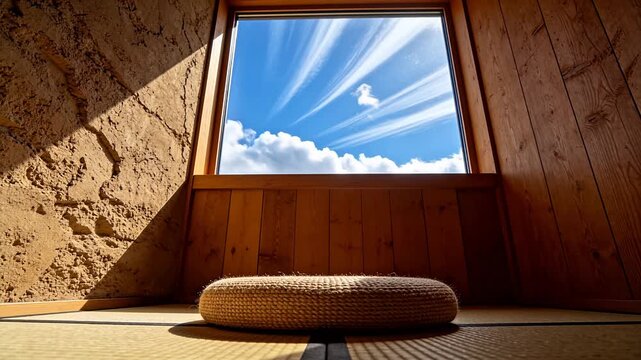 Natural minimalist room with tatami mat and view of blue sky