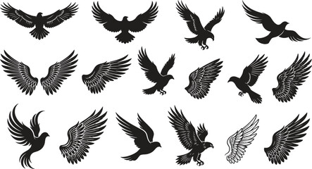 Obraz premium Flying birds and wings silhouette icons set featuring eagle hawk falcon and dove black vector illustrations isolated on white