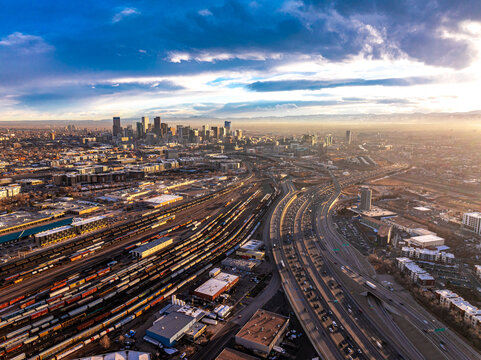 Denver colorado city skyline with rocky mountains background drone photo aerial 