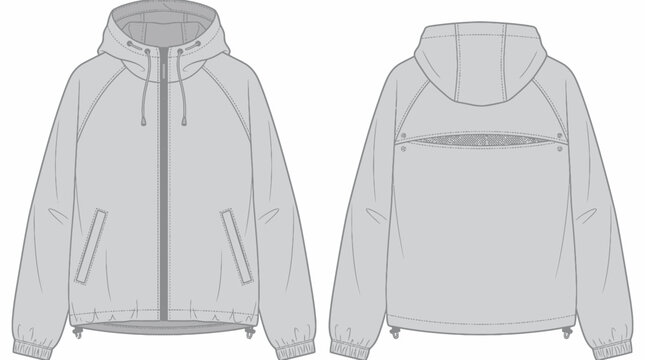 Technical rain jacket flat sketch vector template