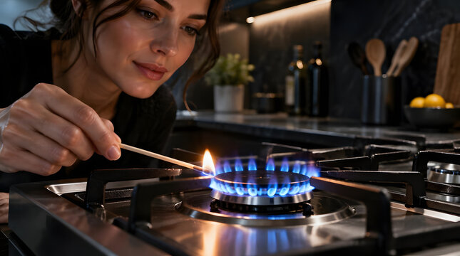 Woman lighting a gas stove with a matchstick preparing to cook.