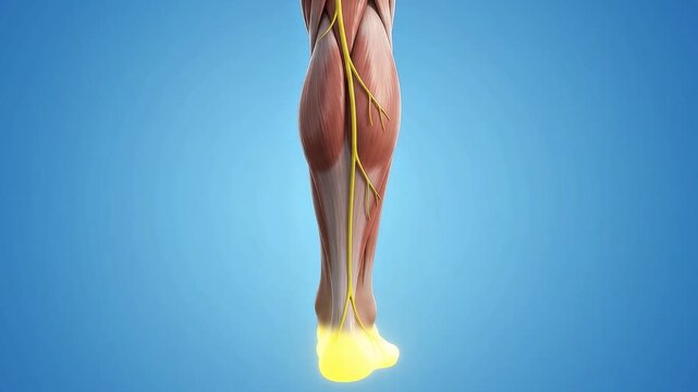 3D medical animation of a nerve impulse traveling down the calf muscle and Achilles tendon towards the heel on a blue background