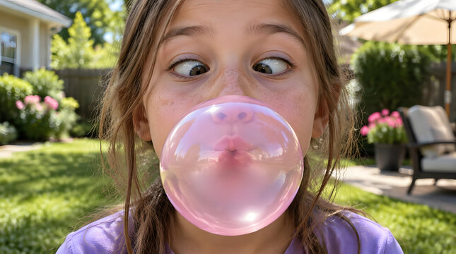 Young girl with crossed eyes blowing a large pink bubble gum bubble.
