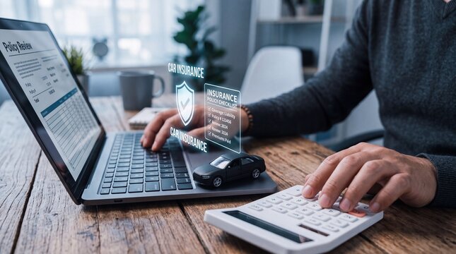 Digital financial planning for vehicle protection A man reviews car insurance policies on a laptop, calculating costs and securing automotive coverage with modern technology