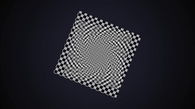 Geometric optical illusion with checkered spiral pattern on dark background
