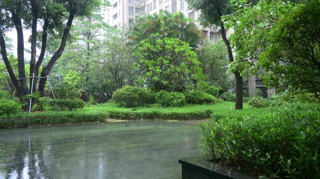 Heavy rain falls on wet residential community garden with lush green plants and apartment buildings video with sound