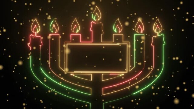 Glowing Neon Hanukkah Menorah with Sparkles and Festive Lights