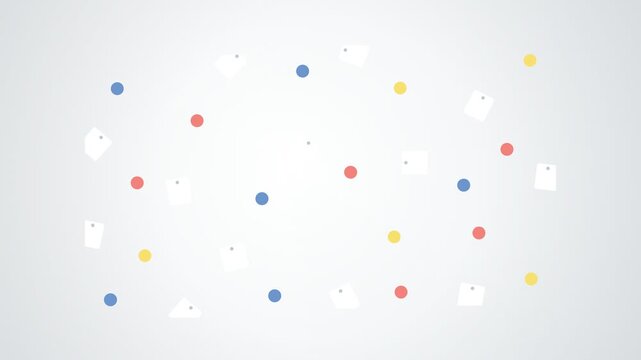 Scattered abstract paper notes and dots on a light grey background