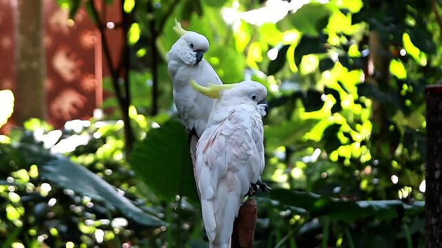 A video yellow-crested cockatoo perched on a tree branch at a zoo in Lombok, Indonesia, on a bright and fresh morning