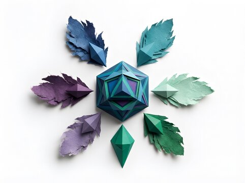 Blue and green paper craft geometric shape surrounded by colorful paper leaves in a floral pattern