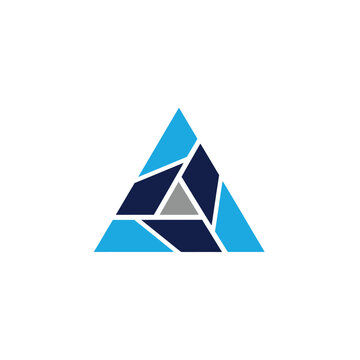Abstract geometric triangle logo design with interlocking blue and grey shapes, representing stability and innovation.