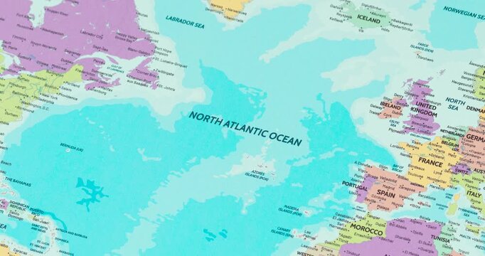 Zoom out view of the north atlantic ocean region on a modern political world map