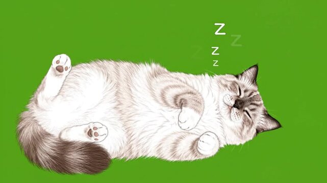 Fluffy Cat Lying on Back Sleeping on Green Screen. 4K Video