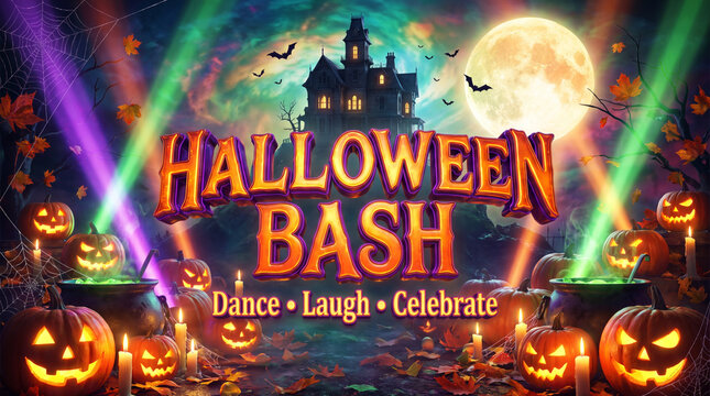 Halloween bash party poster with spooky house pumpkins and full moon in night sky