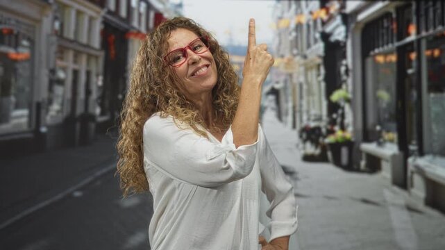 Woman pointing finger upward and smiling with red glasses and white blouse on a street; joy confidence.