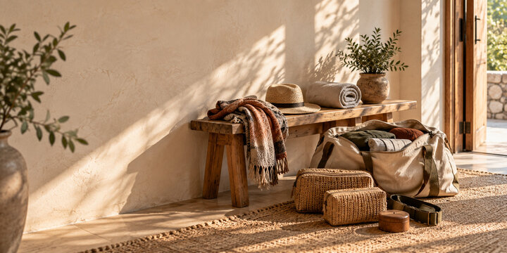 Travel packing scene with practical fabric in soft morning light
