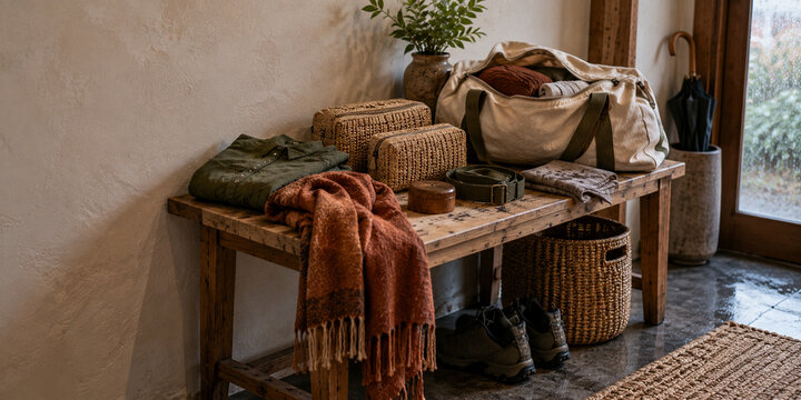 Documentary view of travel packing scene with practical fabric