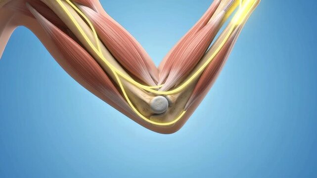 3D anatomical illustration of a human elbow joint with muscles and nerves showing localized pain or inflammation signals on a blue background