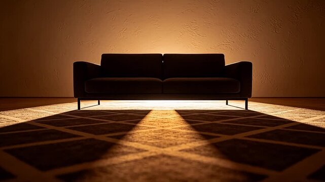 Black double sofa with warm light casting shadows on carpet in minimalist room