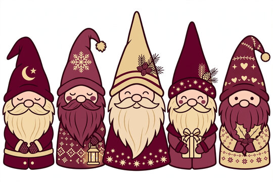 Festive Scandinavian Christmas gnomes flat vector clipart