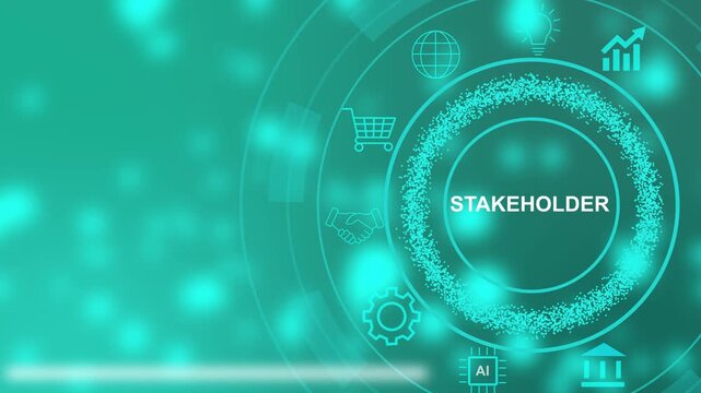 Digital concept of stakeholder engagement with glowing icons and central text on a teal gradient background
