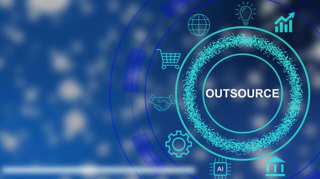 Digital concept of outsourcing with glowing icons and text on a dark blue background business technology