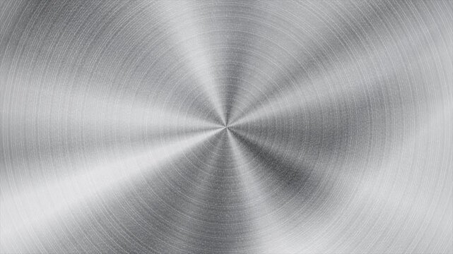 Silver metallic circle with grainy grunge texture, radial lines and brushed surface. Industrial abstract background with polished steel effect. Seamless loop. Video animation Ultra HD 4K 3840x2160