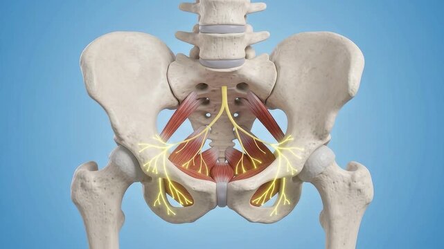 3D medical illustration of the human pelvic region highlighting the sacral nerves and pelvic floor musculature within the skeletal structure.