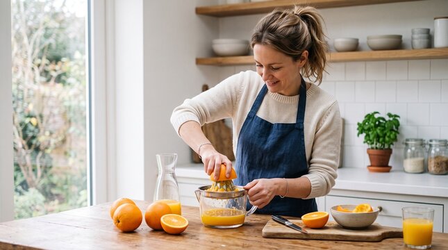 Woman in kitchen making fresh orange juice with a manual juicer healthy lifestyle