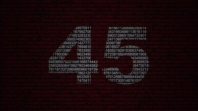 Abstract digital background featuring a 45 number shape formed by bright white numbers against a flowing red numerical stream alphabet data code technology