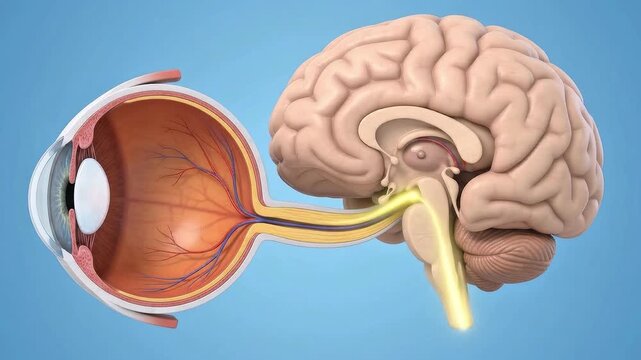 3D medical animation of neural signals traveling from the human eye through the optic nerve into the brain showing the process of vision
