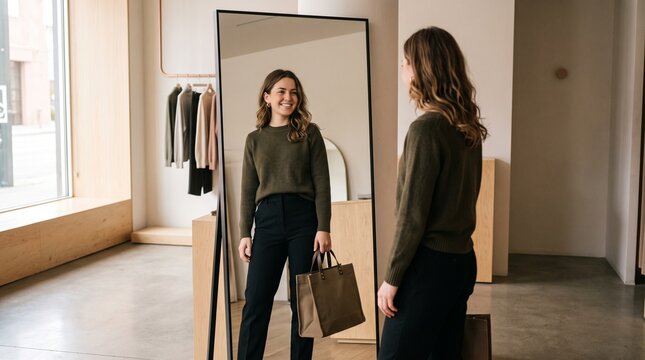 Woman in a boutique tries on a green sweater and black pants, looking in a large mirror