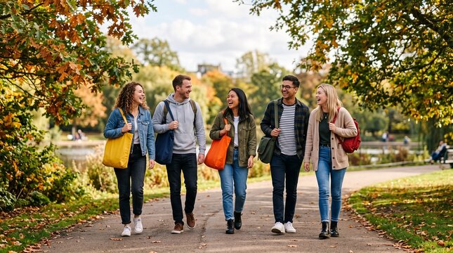 Diverse group of young friends laughing and walking together in a park during autumn with colorful foliage