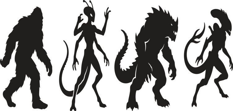 Sci-fi alien and cryptid monster silhouette vector set featuring bigfoot four-armed extraterrestrial xenomorph and spiked reptilian creature