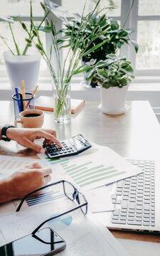 A hand presses a calculator beside financial charts, coffee, a smartphone and a laptop, surrounded by green plants in a sunlit home office