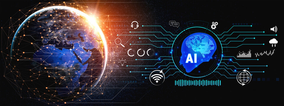 Futuristic Visualization of Artificial Intelligence Integration with Global Communication and Technology Sensors for Modern Development. Sentient.