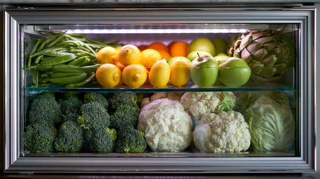 Assorted fresh vegetables stored inside refrigerator shelves under led illumination with raw food
