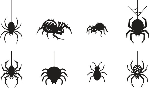 Spooky halloween spider and hanging cobweb silhouette vector icon set featuring creepy insect design elements
