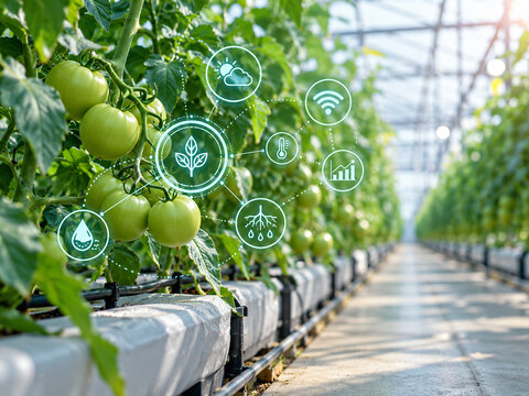 AI generated smart greenhouse tomato farming digital monitoring sensors irrigation temperature weather soil moisture wireless data analytics sustainable agriculture technology