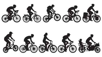 Obraz premium Cyclist silhouettes collection, 10 vector icons of people riding bicycles, road racing and mountain bike athletes, urban commuter and family biking isolated on White Background