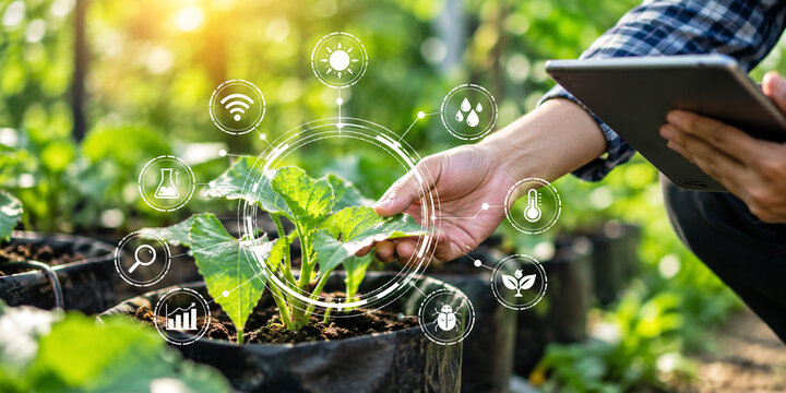 AI generated farmer monitoring healthy crop tablet digital interface showing sunlight water temperature pests growth wireless data for smart sustainable agriculture