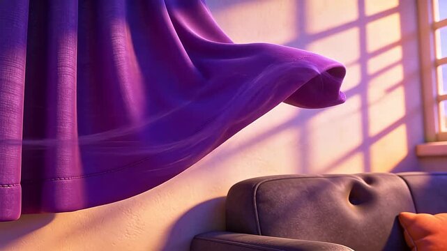 Purple fabric drapes with folds beside a grey sofa and orange pillows in a warm room