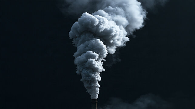 Thick plume of dark smoke rising from an industrial chimney against a black sky with air quality