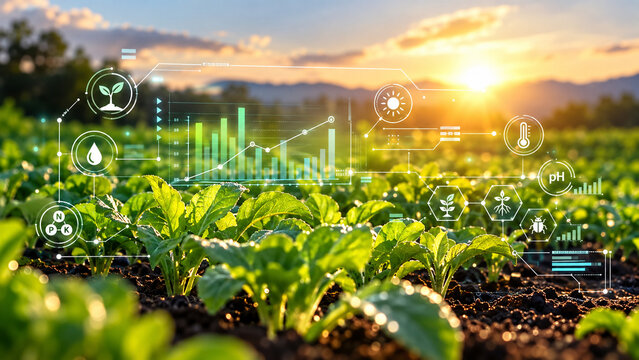 AI generated crop field digital monitoring interface showing plant growth water temperature sunlight soil nutrients pH pest data for precision agriculture sustainable farming