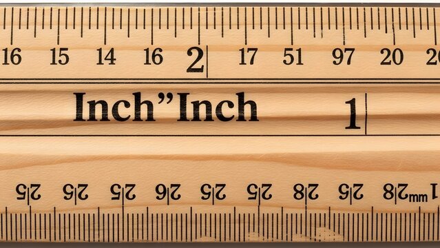 Detailed macro photograph of a wooden measuring ruler with precise inch and millimeter scales for technical documentation and school work