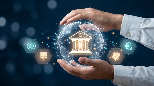 Hands cup a glowing digital globe with a bank building icon, symbolizing online banking and secure global financial technology.