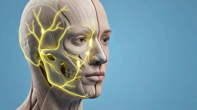 3D medical animation of the human facial nerve system with glowing yellow signals on a muscular head model for anatomical study
