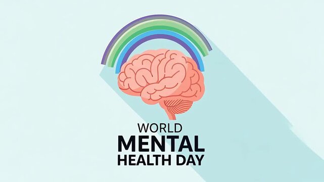 Human brain icon under rainbow.
