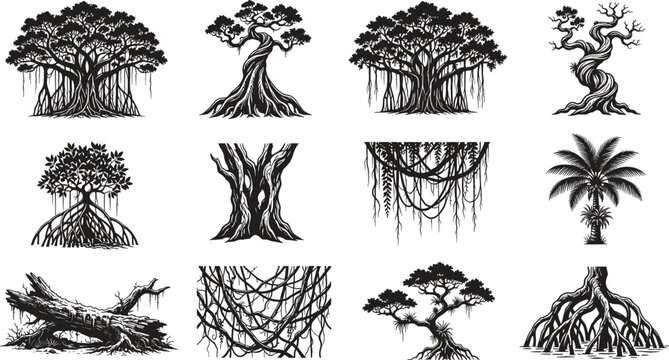 Tropical mangrove jungle and banyan tree roots silhouette vector icon set featuring exotic nature forest elements